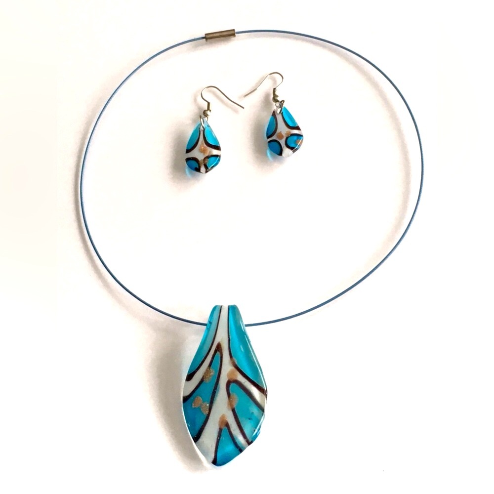 Art Glass Pendant on Blue Cord Necklace With Matching Earrings Set